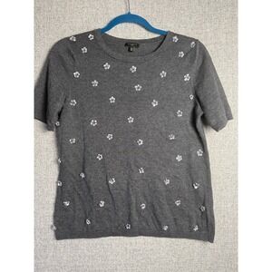 Talbots Short Sleeve Sweater Grey Silver Sequin Bead Floral Embellished MEDIUM P